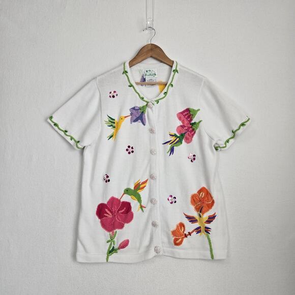 Quacker Factory Cardigan Sweater sz L White Multi Hummingbird Flowers Sequins - Picture 16 of 16